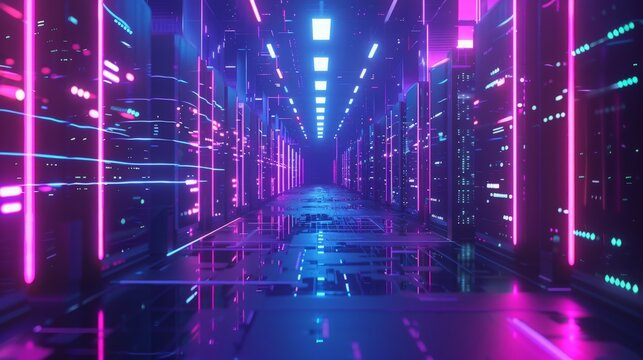 A futuristic data center, humming with the energy of a million transactions per second, illustrating the backbone of modern society powered by information technology