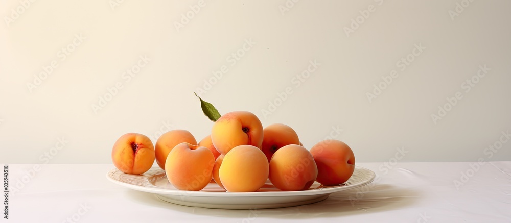 Poster fresh apricots in a cut with a stone on a plate on a white table. creative banner. copyspace image