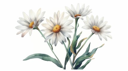 Fototapeta premium Three white daisies with vibrant green leaves on a white background