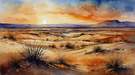 Watercolor landscape,  sunset over desert mountains, a serene blend of warm hues painting the sky as the sun dips below the horizon