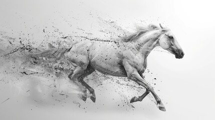 A black and white photograph of a horse in motion, perfect for use in editorial or commercial contexts