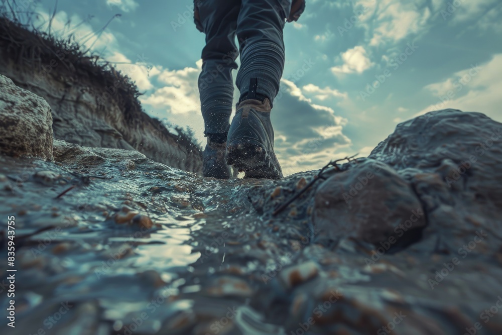 Poster a person wading through a small pool of water, likely after rain or in a wet environment