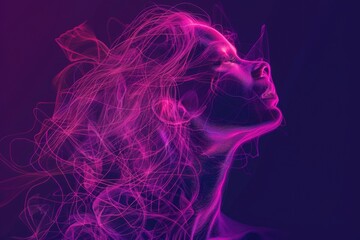 Naklejka premium A portrait of a woman with long hair against a purple background