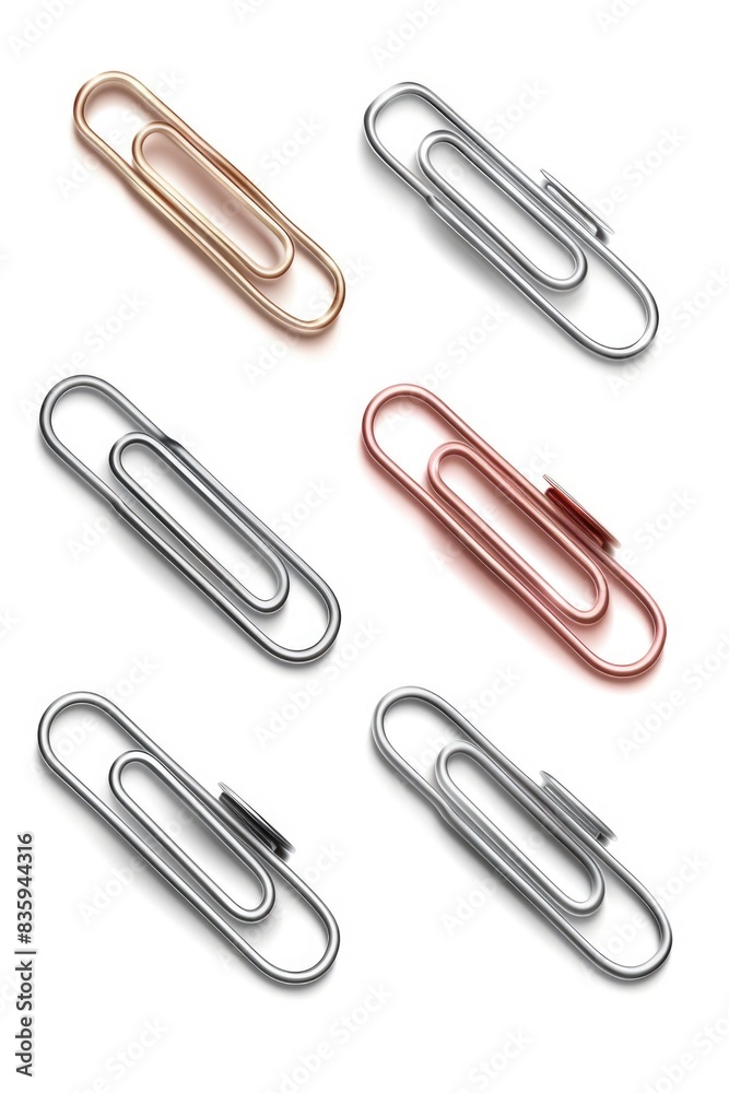Poster a set of five colorful paper clips arranged neatly on a white background, perfect for office or scho