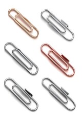 A set of five colorful paper clips arranged neatly on a white background, perfect for office or school use