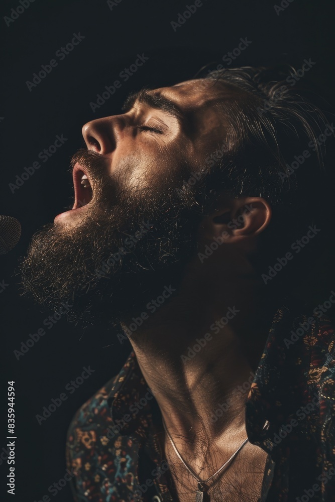 Poster A person with a long beard is singing into a microphone