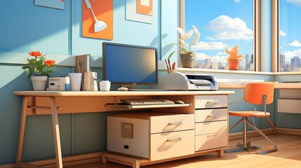 Integrated cable management solutions to maintain a clutter-free workspace and ensure seamless connectivity. Painting Illustration style, Minimal and Simple,