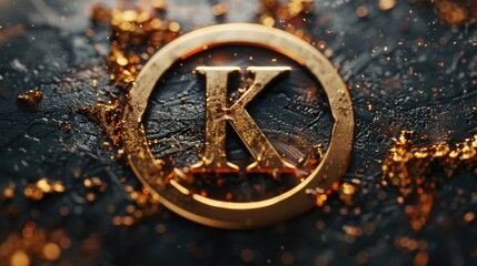 A golden letter K symbol surrounded by gold dust, suitable for use in branding, packaging or luxury product design