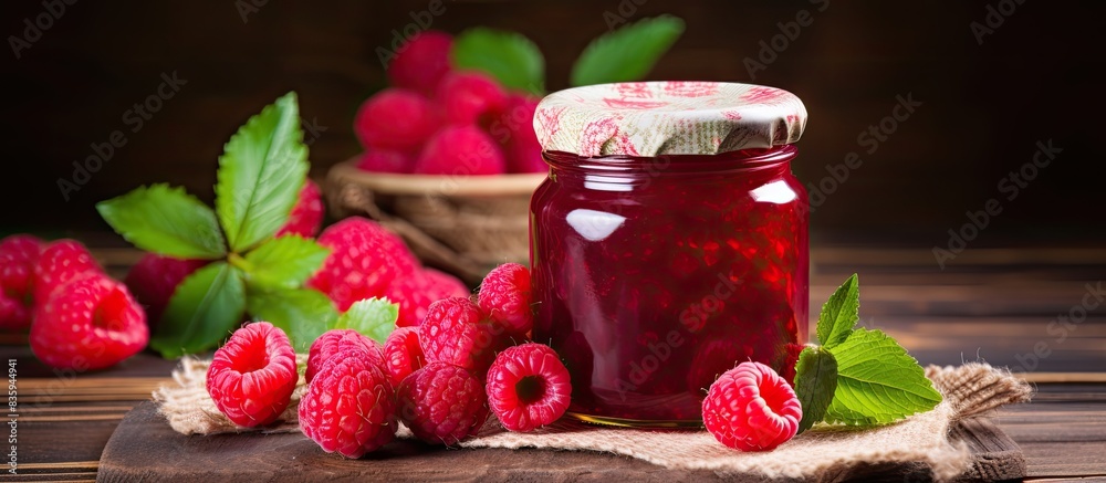 Sticker Sweet raspberry jam in jar with juicy fresh berries on wooden table Delicious homemade natural raspberry jam. Creative banner. Copyspace image