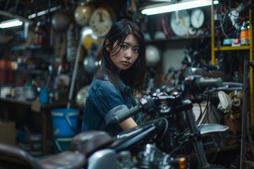 Mid adult female mechanic in her small business motorcycle garage 