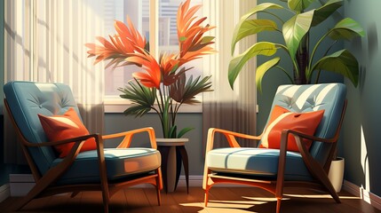 Cozy nooks with comfortable lounge chairs, providing quiet spaces for focused concentration or relaxation. Painting Illustration style, Minimal and Simple,