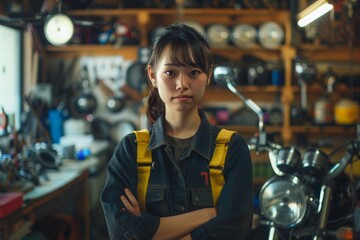 Fototapeta premium Mid adult female mechanic in her small business motorcycle garage 