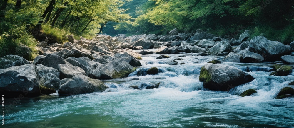 Aufkleber rapid stream with clear mountain water. creative banner. copyspace image