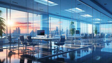 Contemporary glass partitions separating workstations, balancing privacy with an open, transparent atmosphere. Painting Illustration style, Minimal and Simple,
