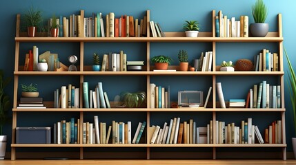 Neatly organized shelves showcasing books and reference materials, encouraging continuous learning and development. Painting Illustration style, Minimal and Simple,