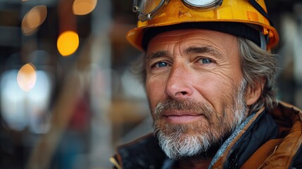 happy mature architect wearing hardhat standing at construction site. stock image