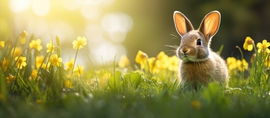 yang domestic rabbit in grass. Creative banner. Copyspace image