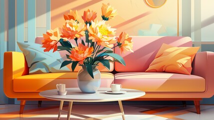Dynamic color schemes incorporating energizing hues like orange and yellow, boosting mood and motivation. Painting Illustration style, Minimal and Simple,