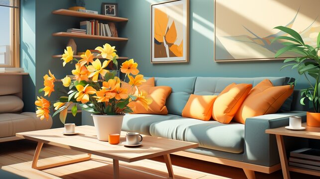 Dynamic color schemes incorporating energizing hues like orange and yellow, boosting mood and motivation. Painting Illustration style, Minimal and Simple,
