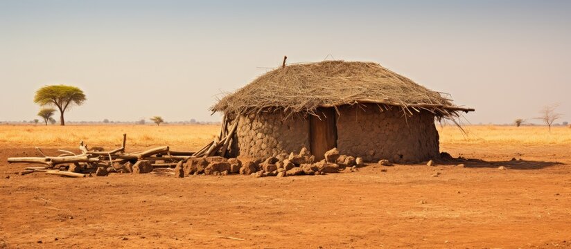 Poor mud house in the arid weather. Creative banner. Copyspace image