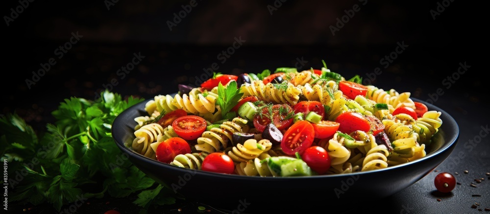 Poster tasty pasta salad with tomato cucumber and olives on a dark stone background. creative banner. copys