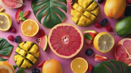 Innovating with tropical fruits in a burst of color and flavor, a bright and vibrant overhead view with natural lighting, capturing freshness and excitement, vivid style.