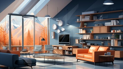 Integrated smart technology for climate control and lighting adjustments, optimizing comfort and energy efficiency. Painting Illustration style, Minimal and Simple,