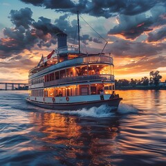 Majestic Paddle Steamer Cruising the Mississippi River at Twilight with Jazz and Historic Vibes