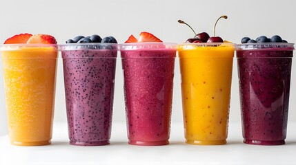 5 fruit smoothies in clear plastic cups against a white background, featuring blueberry, strawberry, and a banana split mix blend.