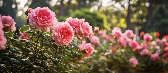 Many species of roses bloom in the Rose Garden. Creative banner. Copyspace image