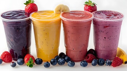 5 fruit smoothies in clear plastic cups against a white background, featuring blueberry, strawberry, and a banana split mix blend.