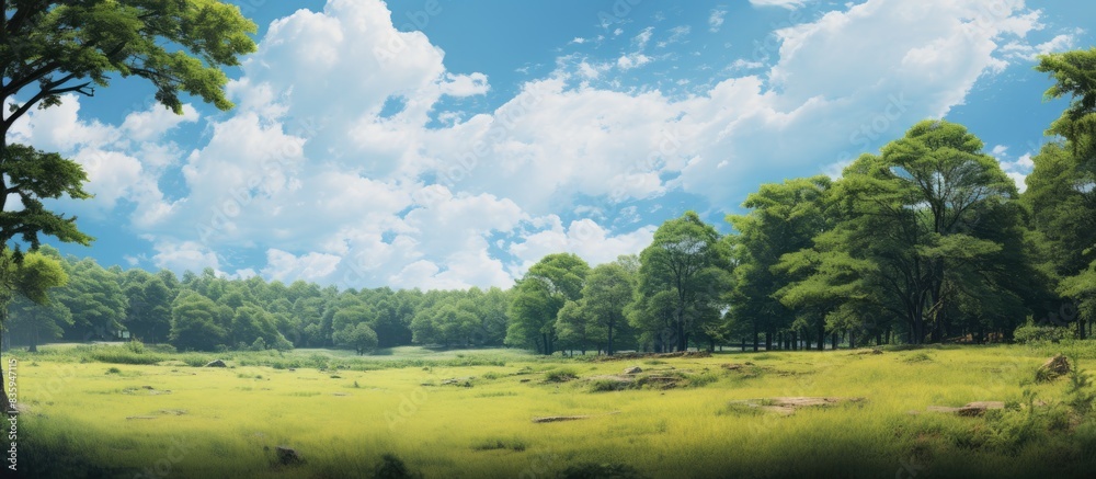 Poster ground view of nature environment tree forest with trees and blue sky in background concept of outdo