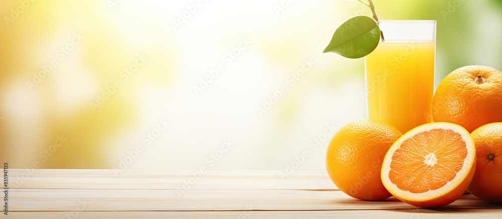 Poster oranges and fresh squeezed orange juice close up on light wooden background. creative banner. copysp