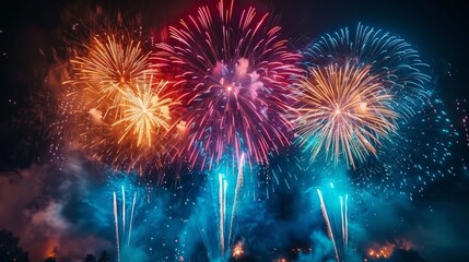 Happy New Year celebration with fireworks, vibrant colors, night sky
