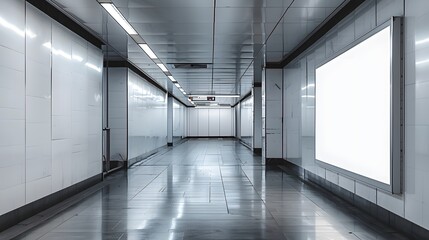 A blank billboard in the subway, with clean white walls and soft lighting. The space is spacious and empty, creating an atmosphere of simplicity and modernity. 