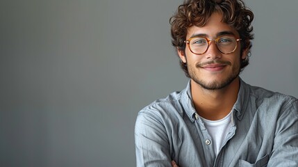 Obraz premium portrait of young handsome smiling business guy wearing gray shirt and glasses feeling confident with crossed arms isolated on white background .stock photo