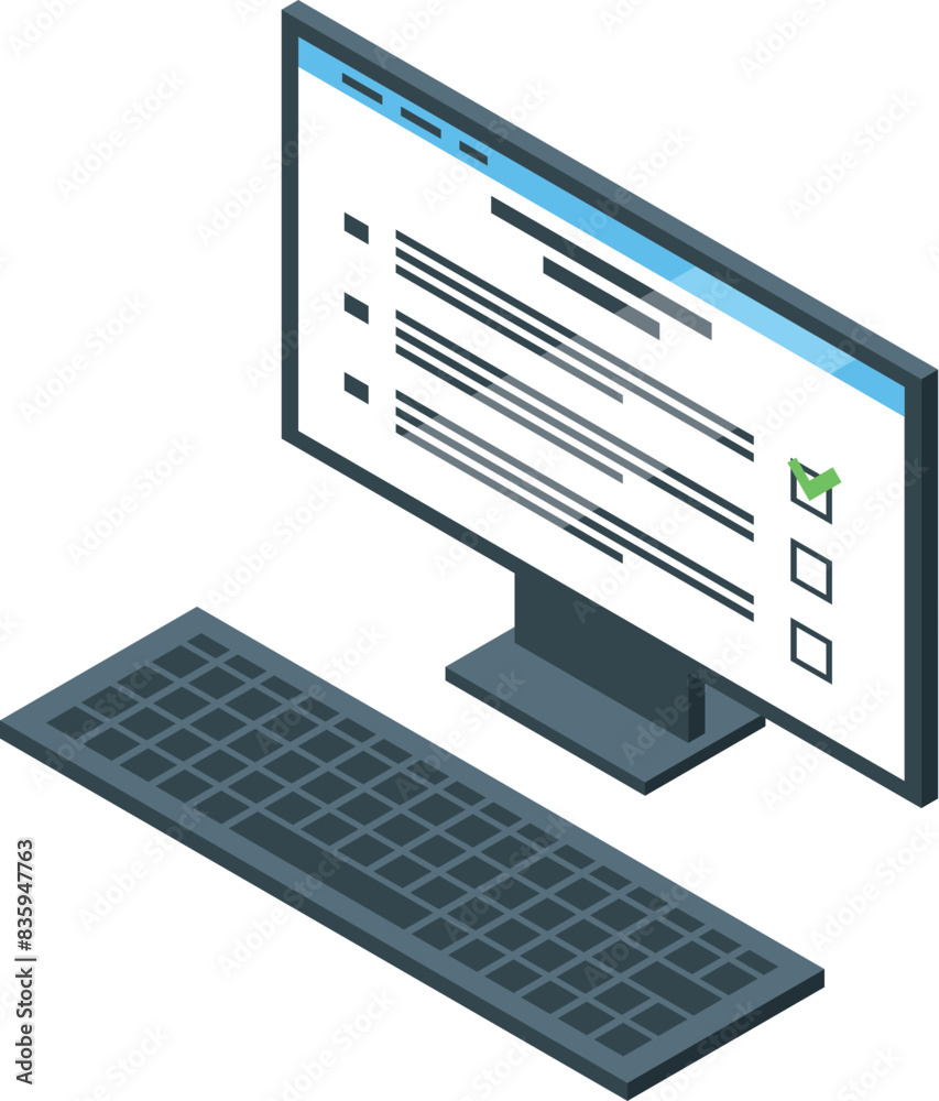 Poster isometric illustration of a desktop computer displaying an online checklist with a checkmark
