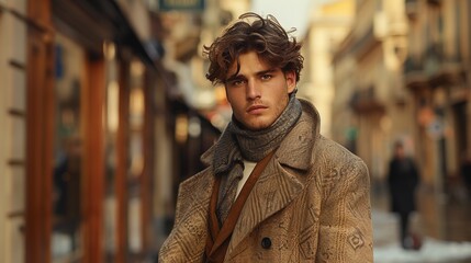 Fototapeta premium High-Quality Product Photography of Male Model Wearing Minimalist men's Clothing in European Architecture. Bright Lighting and Soft Contrast Create a Minimalist, Fashionable Style with Delicacy and 