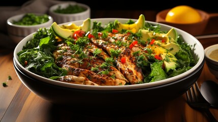 Vibrant salad bowl filled with mixed greens, colorful vegetables, and grilled chicken, a healthy and satisfying meal option. Painting Illustration style, Minimal and Simple,