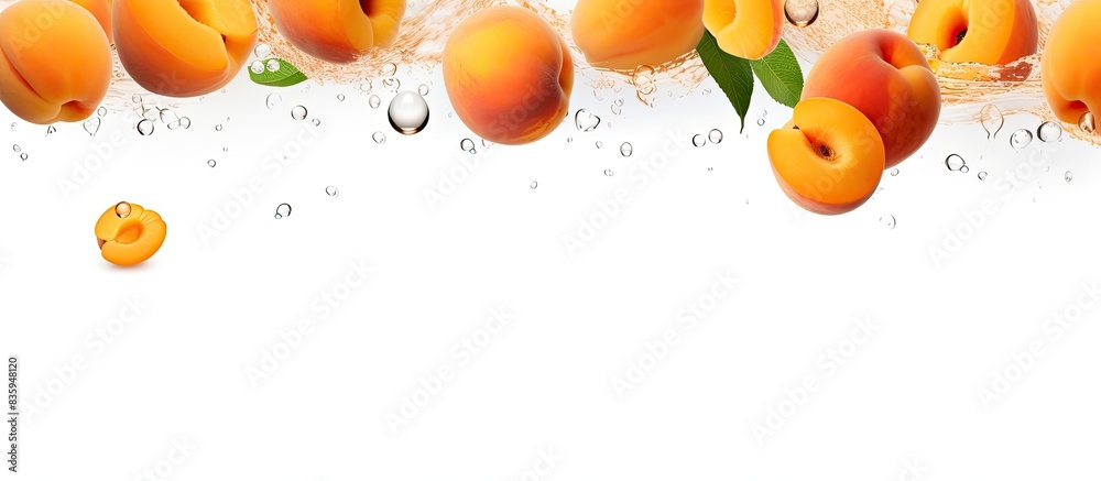 Poster summer fruit concept set of fesh apricots falling isolated on white background with clipping path. Creative banner. Copyspace image