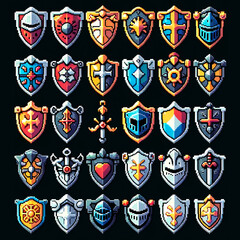 Pixel art RPG knight shields collection