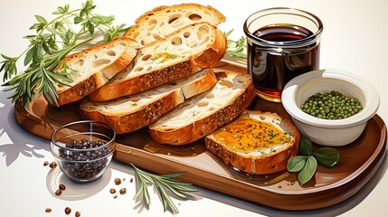 Freshly baked loaf of bread with a golden crust, served alongside a selection of flavored olive oils and balsamic vinegar. Painting Illustration style, Minimal and Simple,