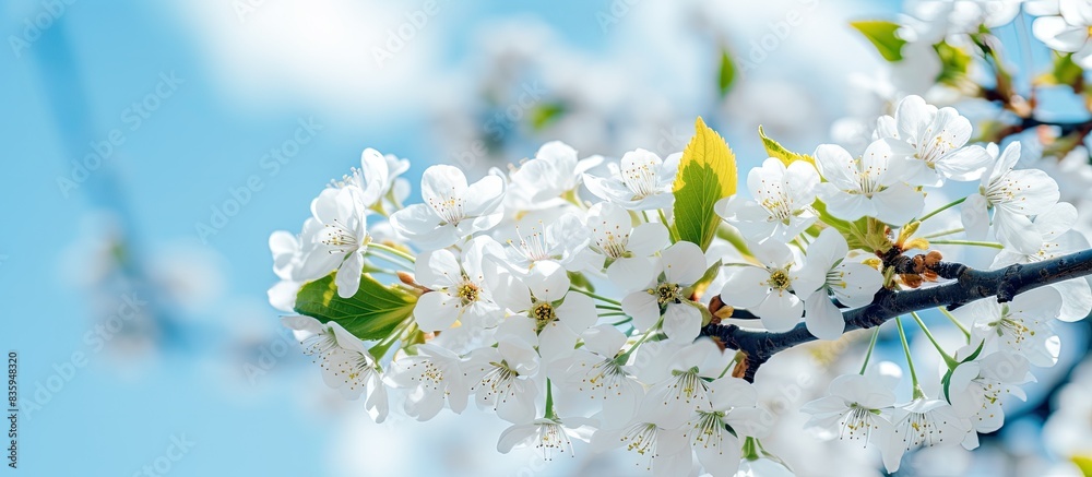 Sticker blooming tree white flower spring macro. creative banner. copyspace image