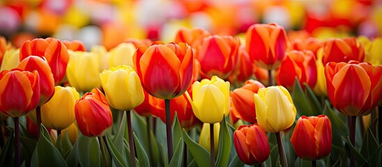 colorful tulip fields red yellow and orange tulips. Creative banner. Copyspace image