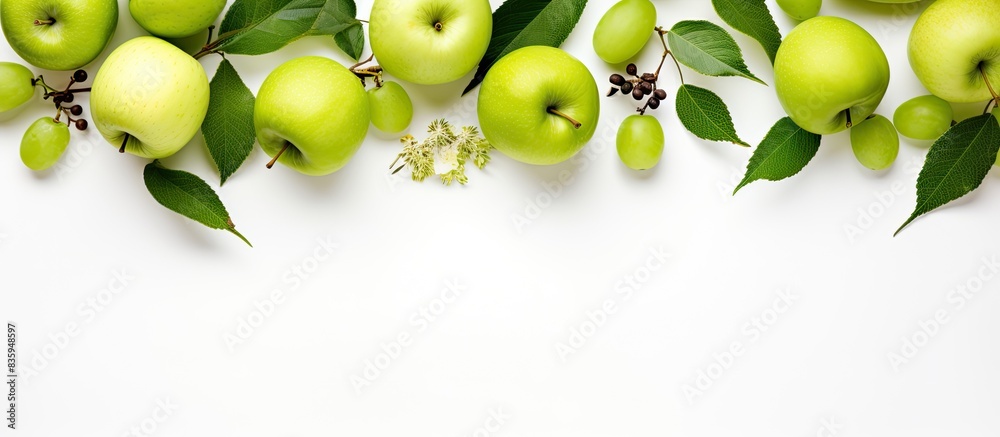 Poster organic fruits with green apples design on white background top view. creative banner. copyspace ima