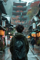 Fototapeta premium man traveling in traditional japanese city Kyoto in momiji season. ai generated
