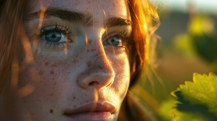 A close up selfie of a happy woman with freckles, green eyes, and brown hair. Her nose, eyelashes, and iris are in focus, giving a fun and natural look AIG50