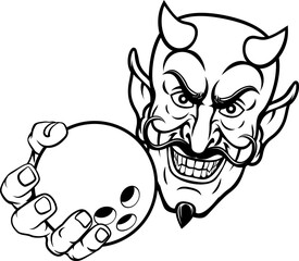 A devil or satan ten pin bowling sports mascot cartoon character holding a ball