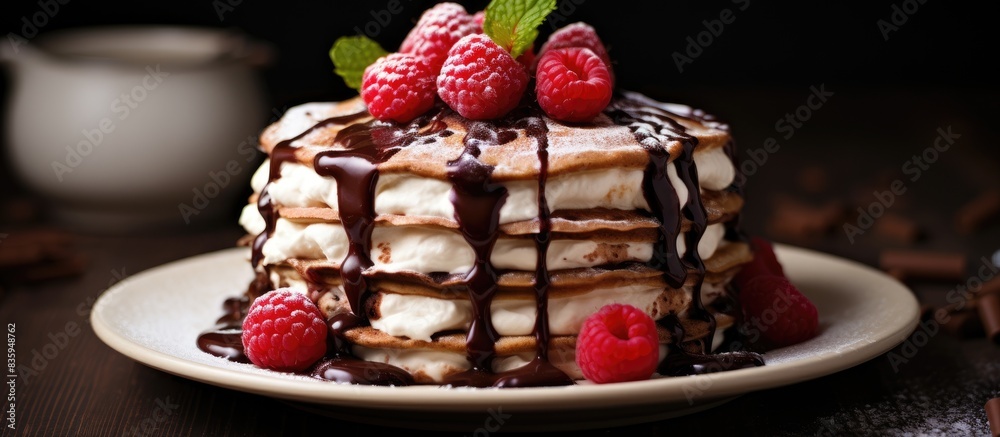 Poster cake of pancakes pancake chocolate cake with whipped cream and raspberries. creative banner. copyspa