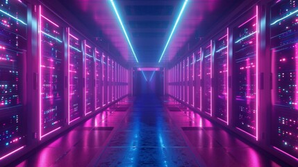 Fototapeta premium Modern data center with vibrant neon lights illuminating futuristic server racks in a symmetrical perspective, showcasing advanced technology.
